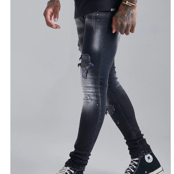 BOOHOO MAN SUPER SKINNY DISTRESSED PAINT SPLAT JEANS IN BLACK SIZE 36S - Picture 4 of 11